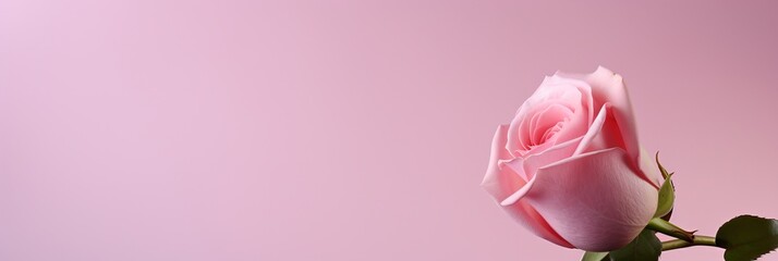 Pink rose on right side with pink isolated background and copy space for text placement