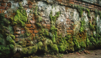 Ancient stone wall covered in green moss and overgrown plants generated by AI