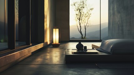  a bed sitting next to a window next to a table with a lamp on top of it next to a window with a view of a mountain and a tree. - obrazy, fototapety, plakaty