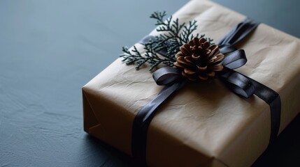  a christmas present wrapped in brown paper with a pine cone on top of it and a ribbon tied around the top of the present box with a pine cone on top.
