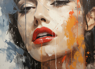 Art Portrait of beautiful female lips with red lipstick and colorful paint splashes. Lips with red lipstick, close-up. Abstract art background. Modern art. Contemporary art. 
