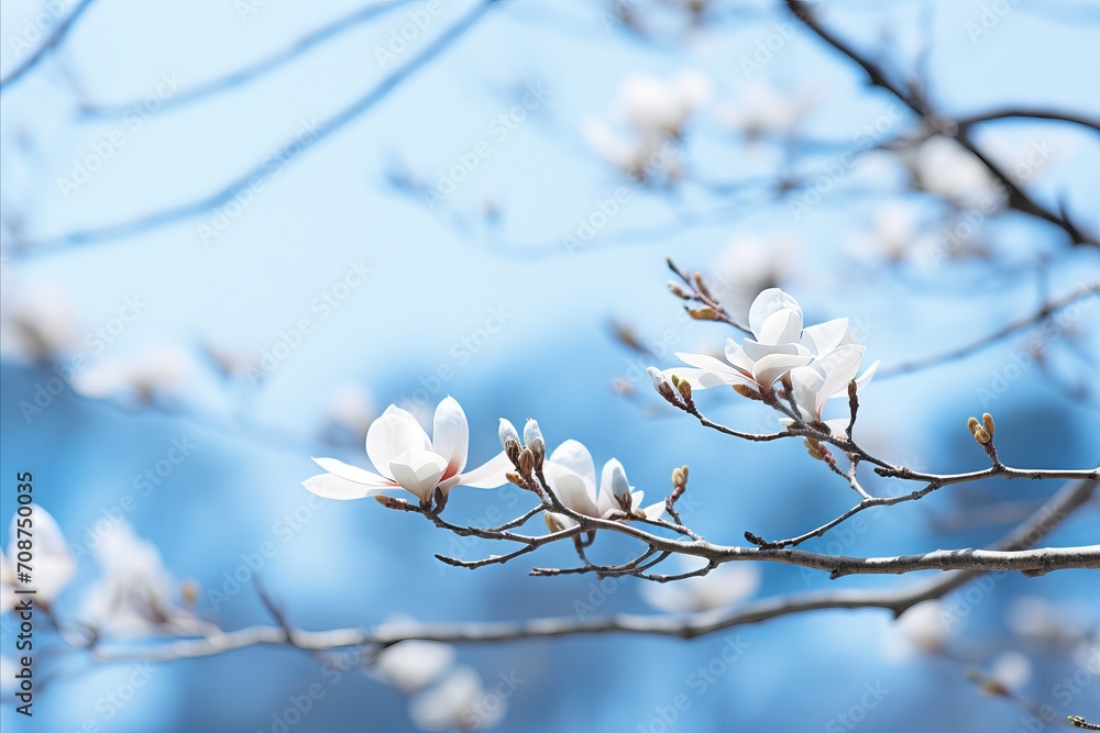 Poster white magnolia flower isolated on dreamy bokeh background with spacious text placement on left side