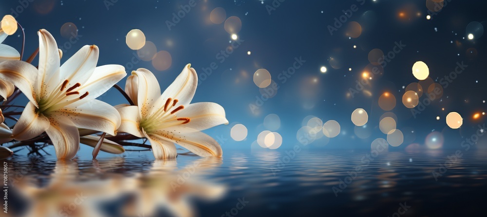 Poster elegant white lily on magical bokeh background with generous copy space for text placement