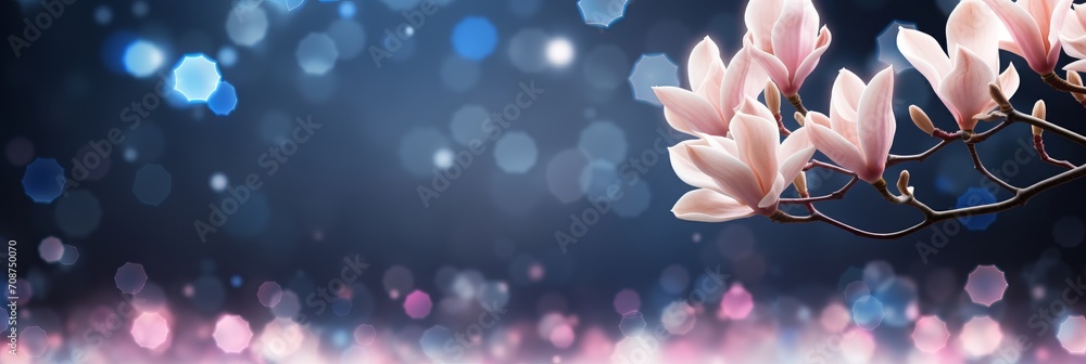 Poster pink magnolia on right with isolated bokeh background, two thirds copy space for text on left