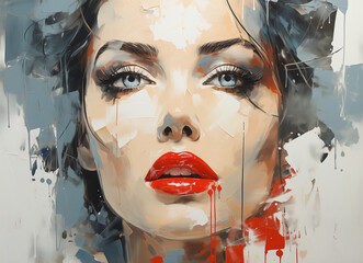 Art Portrait of beautiful female lips with red lipstick and colorful paint splashes. Lips with red lipstick, close-up. Abstract art background. Modern art. Contemporary art. 