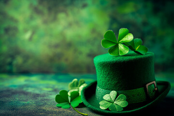 A green background for Saint Patrick's Day, featuring a lucky green hat adorned with a shiny clover, providing ample copy space.