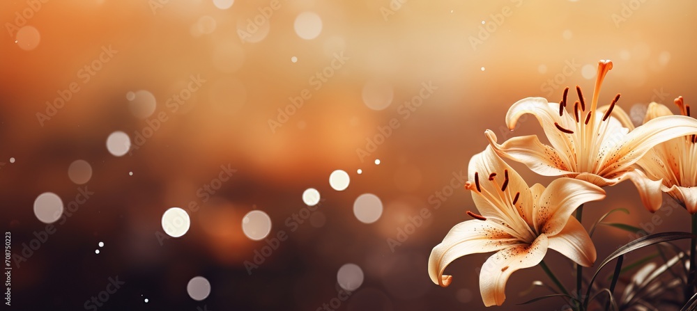 Poster elegant white lily blossom on isolated magical bokeh background with copy space for text placement