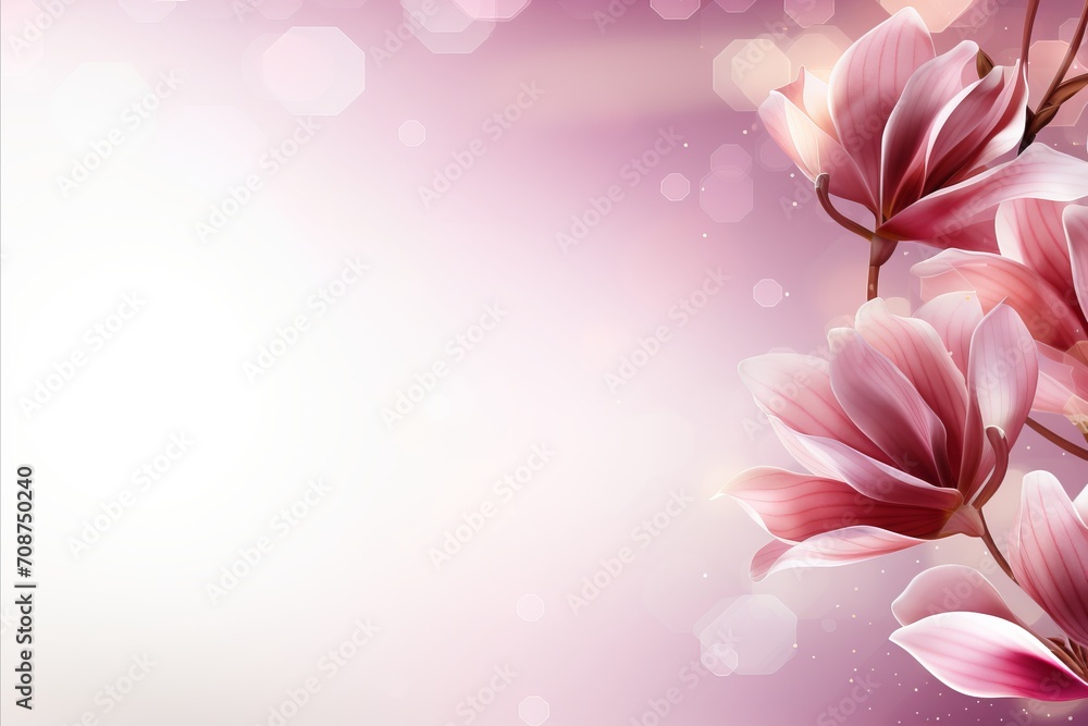 Poster pink magnolia blossom on isolated magical bokeh background with copy space for text placement