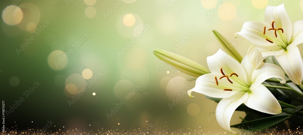 Aufkleber white lily blossom on isolated magical bokeh background with copy space for text placement