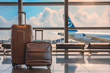 Airport scene with luggage suitcases and an airplane in the background, ideal for travel and tourism marketing.