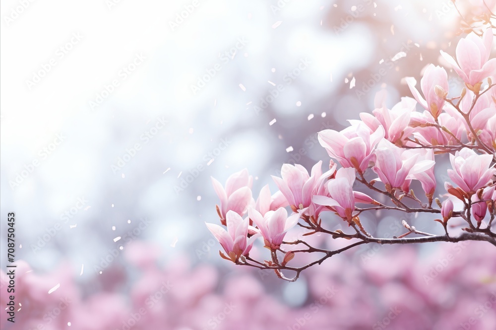 Poster pink magnolia blossom on isolated magical bokeh background with copy space for text placement