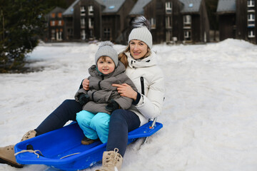 A mother with son sledding in the snow