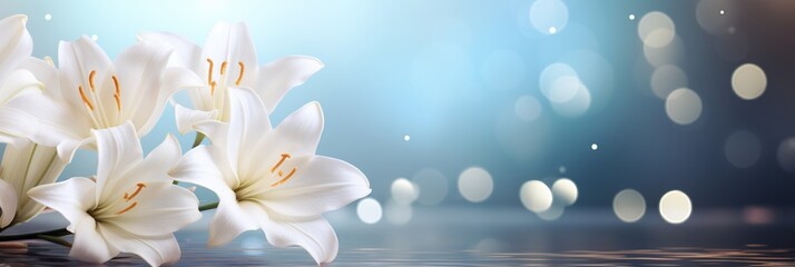 Beautiful white lily flower on isolated magical bokeh background with copy space for text placement