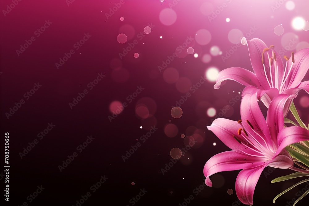 Poster beautiful pink lily blossom on isolated magical bokeh background with copy space for text placement