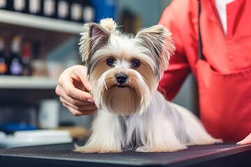 Witness a professional groomer in a pet shop delicately holding a dog's paw, undertaking the task of trimming its nails with utmost care