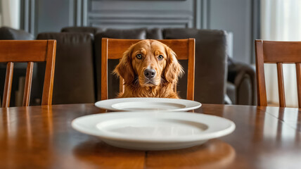un chien assis en face, à table avec une assiette vide devant lui