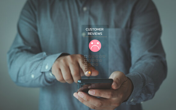 Customer dissatisfied experience sad concept. Unhappy disappointment client gave low rating review and negative feedback survey on smartphone, bad service complaint. Marketing technology for business.
