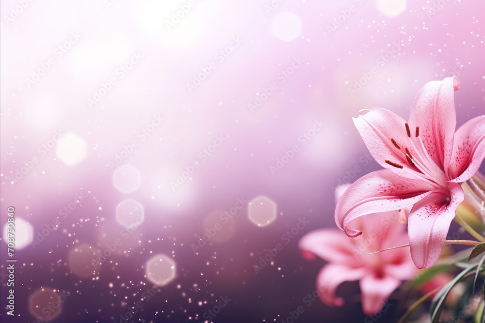 Poster pink lily on right side with magical bokeh background, ample copy space for text on left side