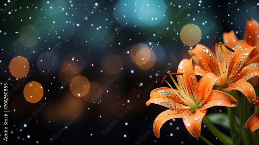 Poster isolated orange lily with magical bokeh background, two thirds copy space on left side