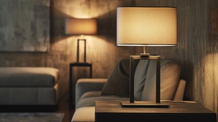 a lamp sitting on top of a table next to a couch in a living room next to a lamp on top of a table with a lamp on top of it.