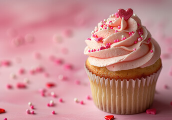 magdalena decorada con crema pastelera de fresa y virutas dulces rosas y un pequeño corazón rosa en su parte superior, sobre superficie rosa conteniendo más virutas dulces y corazones - obrazy, fototapety, plakaty