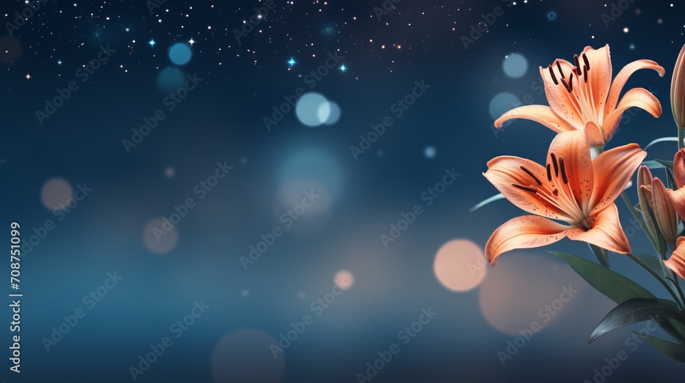 Poster orange lily on right side with isolated bokeh background and copy space for text placement