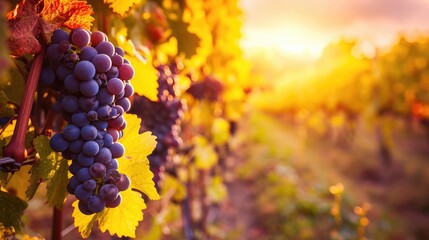 Vineyards at sunset in autumn harvest. Ripe grapes in fall. - obrazy, fototapety, plakaty