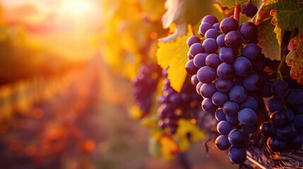 Vineyards at sunset in autumn harvest. Ripe grapes in fall. - obrazy, fototapety, plakaty