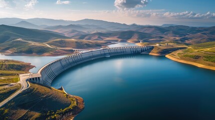 Water dam and reservoir lake aerial panoramic view