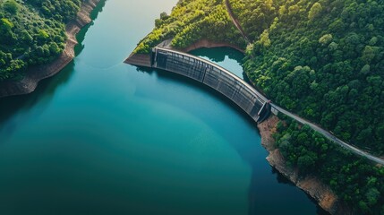 Water dam and reservoir lake aerial panoramic view - obrazy, fototapety, plakaty