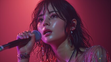 A female Japanese superstar singer on stage, holding a microphone and singing with great enthusiasm, facing perfectly straight ahead to the image. a radiant smile with attractive facial expressions