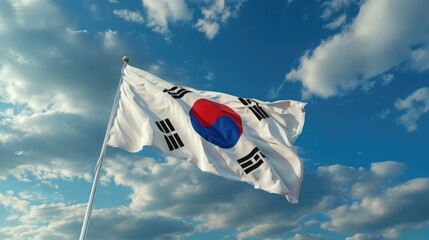Waving flag of South Korea in beautiful sky. South Korea flag for independence day. The symbol of the state on wavy fabric - obrazy, fototapety, plakaty