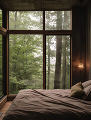 Photo of modern brutalist bedroom in woods, dark wood, glass, concrete accents, warm light, amid tall trees, foggy morning.

