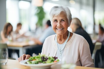 Portrait of a Smiling Elderly Woman Eating a Salad - obrazy, fototapety, plakaty