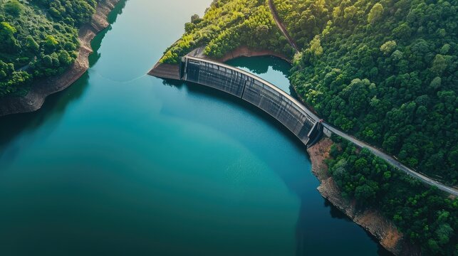 Water dam and reservoir lake aerial panoramic view
