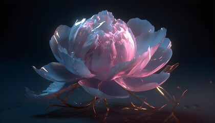 one pink peony rose, blue background, drop reflection light - obrazy, fototapety, plakaty
