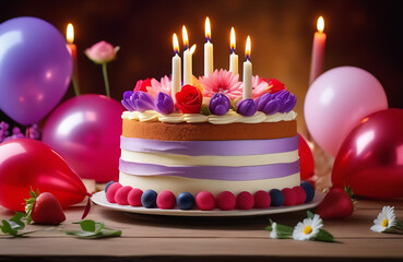 Cake with cream, berries and flowers, burning candles on the cake, balloons and birthday decorations, postcard, congratulations
