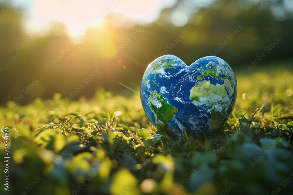 Poster planet earth in the shape of a heart. background with selective focus and copy space