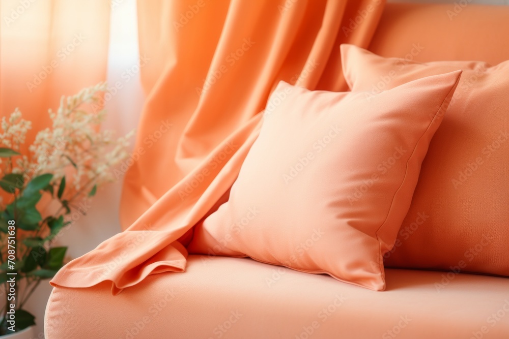 Poster pillow in trendy color peach fuzz. background with selective focus and copy space