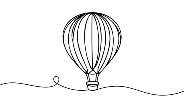 Hot air balloon in One continuous line drawing. Travel flying on aerostat in sky logo.