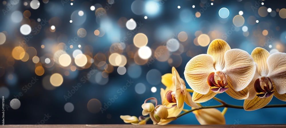 Aufkleber yellow orchid on right side, isolated bokeh background with two thirds copy space for text on left
