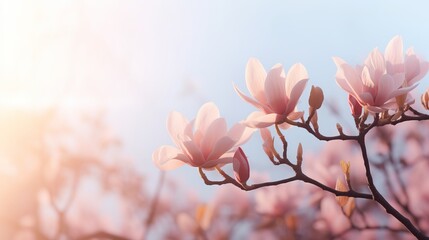 Pink magnolia blossom in isolated magical bokeh background with copy space for text placement