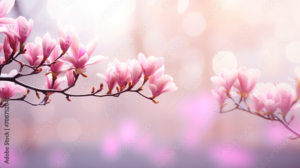 Poster pink magnolia on isolated magical bokeh background with copy space for text on left side