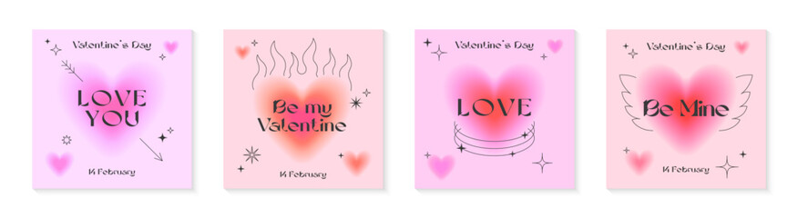 Valentines Day greeting card templates in 90s style.Romantic vector illustrations in y2k aesthetic with linear shapes,blurred hearts,flame,sparkles.Modern designs for smm,invitations,prints,promos.