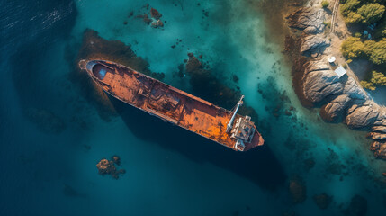 Air view of a shipwreck near an island