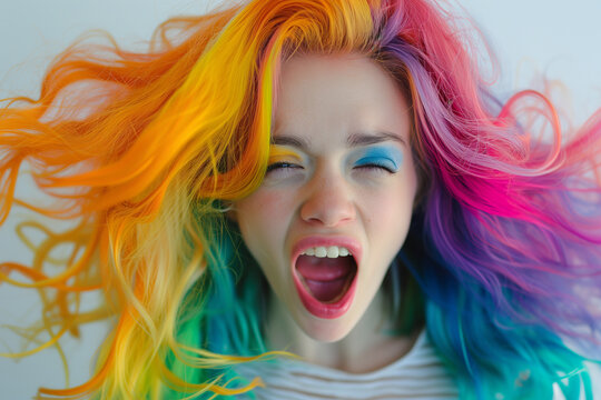 young woman with colored hair, Believing in Shock. Amazed Young Woman with Pink Hair Staring in Horror at Camera with Opened Eyes and Mouth. Young woman with colourful dyed hair, screaming or shouting