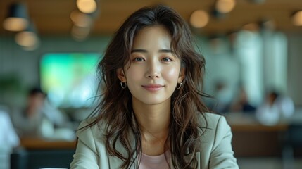 Korean girl, news anchor, half body, sitting with white suit and pink t-shirt , brown long hair, unique beauty, thin face - obrazy, fototapety, plakaty