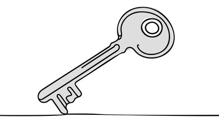 Single old key drawing in style of one continuous line black color. Self drawing