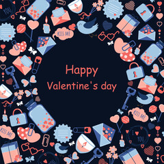 Illustration for Valentines Day, greeting card on Dark Background. Romantic and cute elements in a flat style.