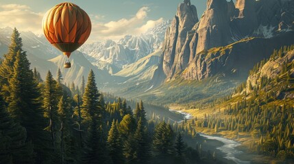  a painting of a mountain scene with a hot air balloon flying over a river in the foreground and a mountain range in the background with a river running through it. - obrazy, fototapety, plakaty